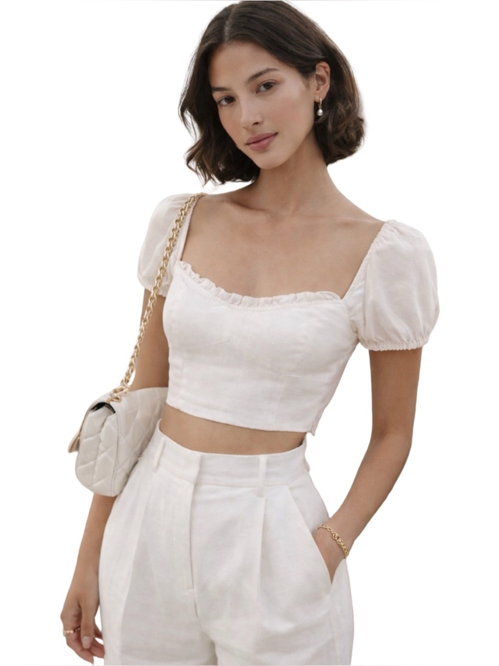 Aritzia Wilfred Wander White Linen Blouse Small Puff Sleeve Sweetheart Neckline